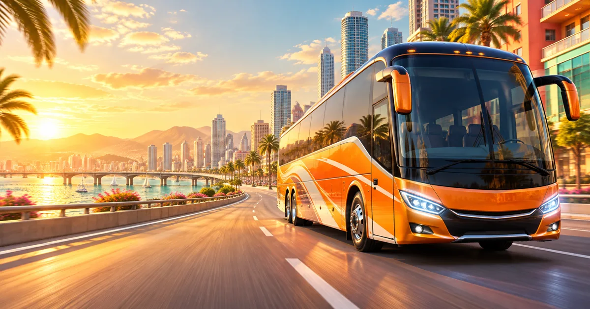 Orange coach bus driving through a bright city